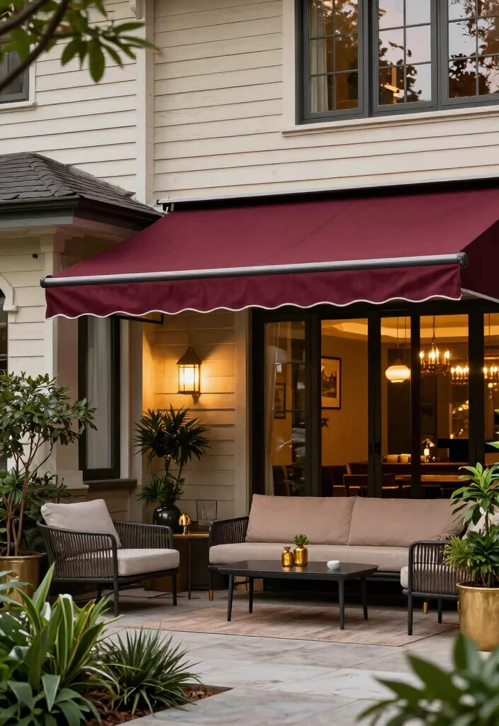 10 Best Awning Color Ideas to Match Your Siding 9. Elegant Burgundy for a Rich Statement 0