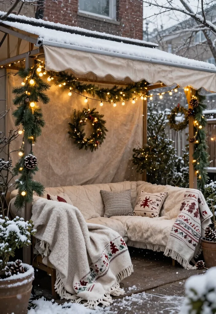 10 Creative Awning Decoration Ideas for Every Season 4. Winter Wonderland Cozy Retreat 0