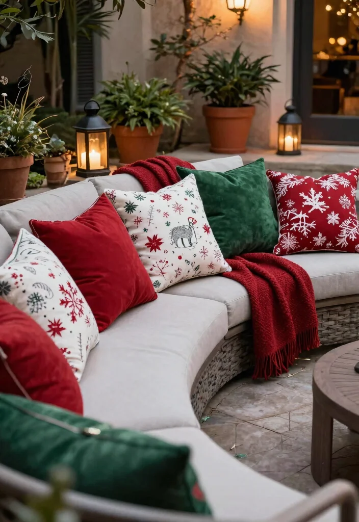 10 Festive Apartment Patio Christmas Decor Ideas 3. Festive Pillows and Throws 0