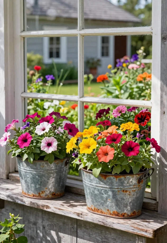 10 Timeless Rustic Window Box Ideas for Farmhouse Style 2. Upcycled Vintage Metal Buckets 0