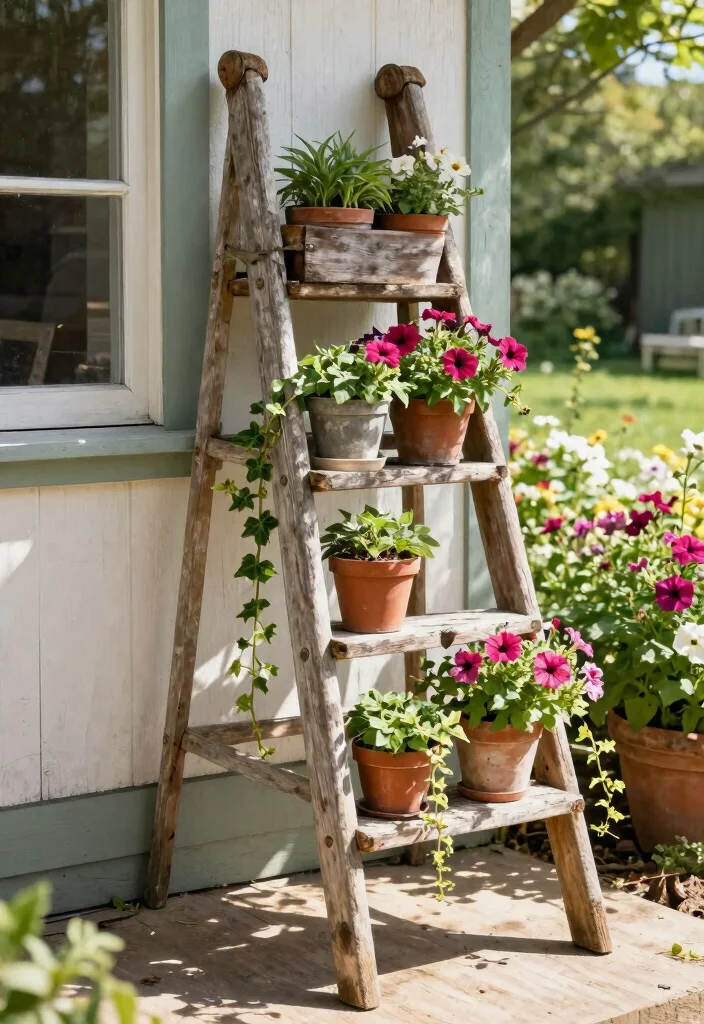10 Timeless Rustic Window Box Ideas for Farmhouse Style 5. Old Ladder Shelf Planter 0