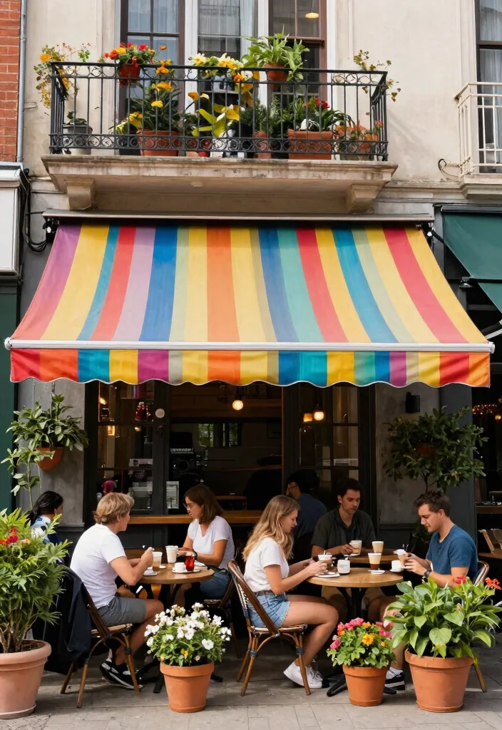 10 Trendy Coffee Shop Awning Ideas to Attract Customers 8. Colorful Striped Awnings 0