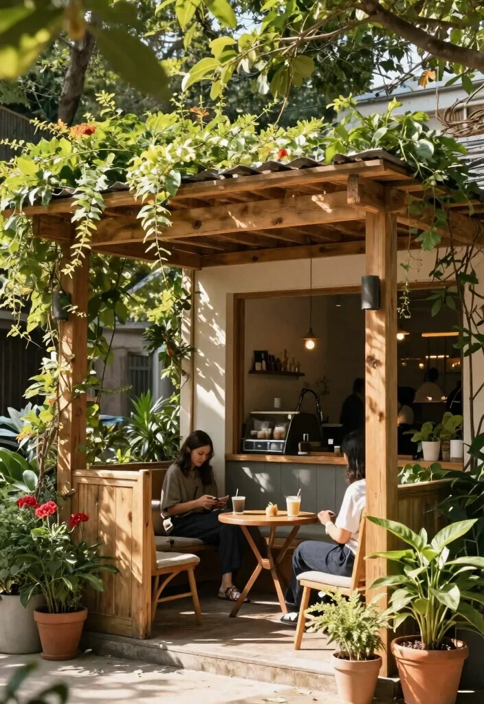 10 Trendy Coffee Shop Awning Ideas to Attract Customers 9. Pergola Style Awnings with Climbing Plants 0