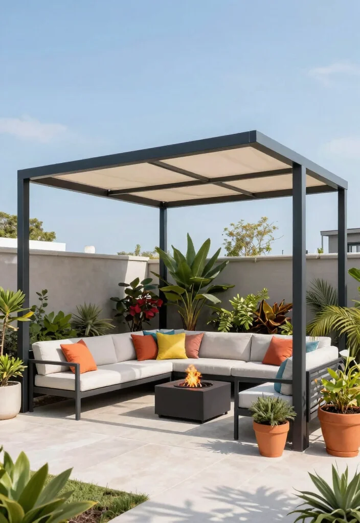 11 Chic Pergola Awning Ideas for a Shady Garden Retreat 2. Minimalist Metal Frames with Fabric Canopies 0