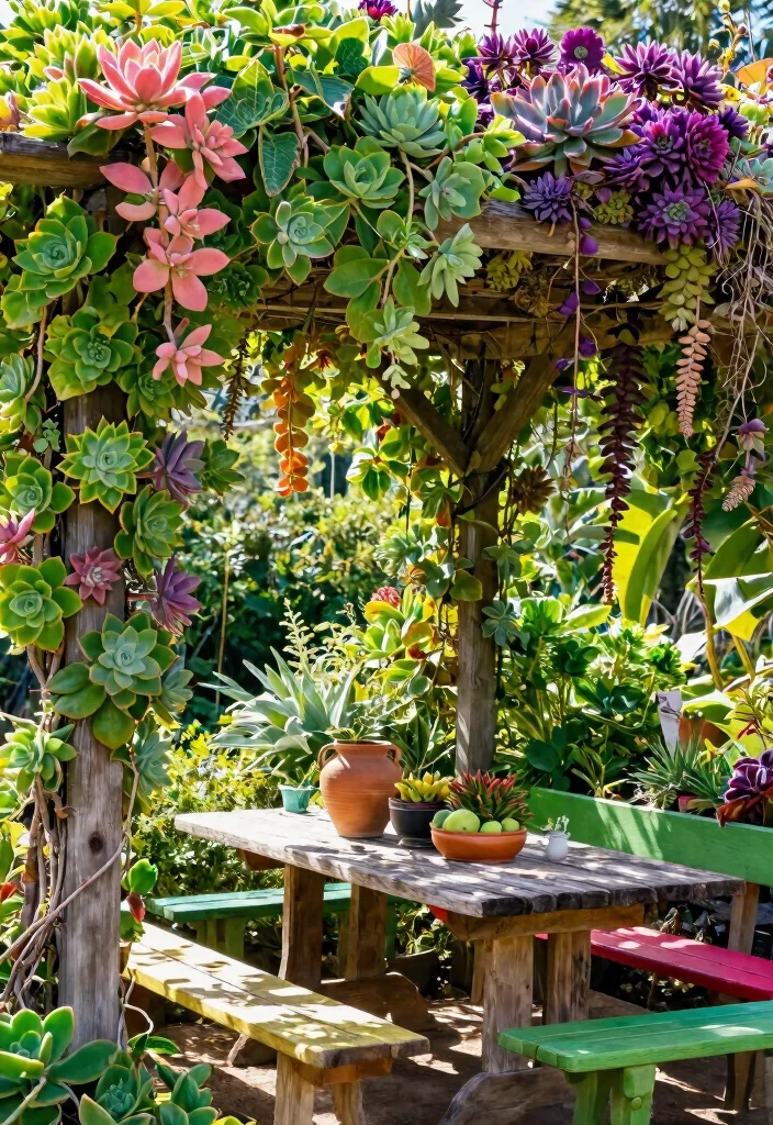 11 Chic Pergola Awning Ideas for a Shady Garden Retreat 4. Canopy of Succulent Plants 0