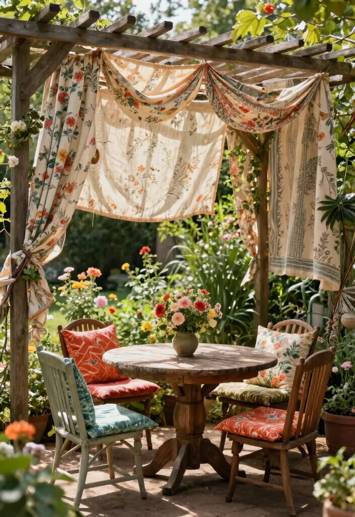 11 Chic Pergola Awning Ideas for a Shady Garden Retreat 9. Vintage Fabric Shades for a Touch of Nostalgia 0