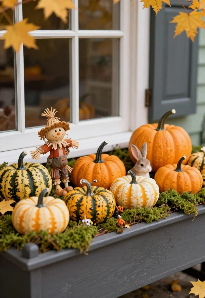 11 Cute Pumpkin Window Box Ideas for October Decor 1. Miniature Pumpkin Wonderland 0