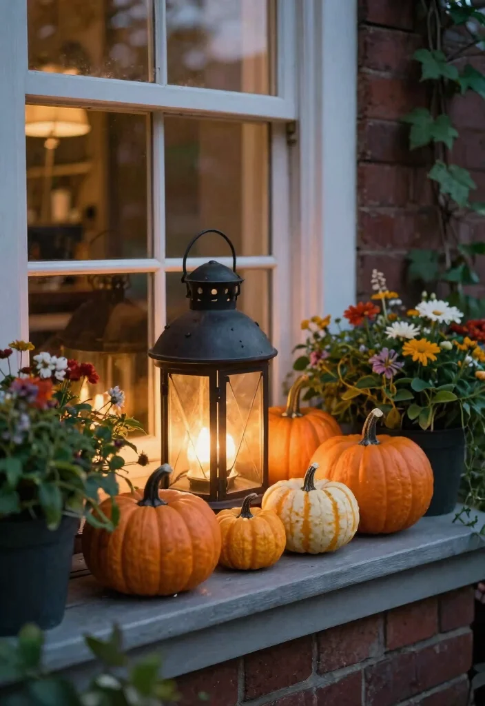 11 Cute Pumpkin Window Box Ideas for October Decor 10. Lantern and Pumpkin Combo 0