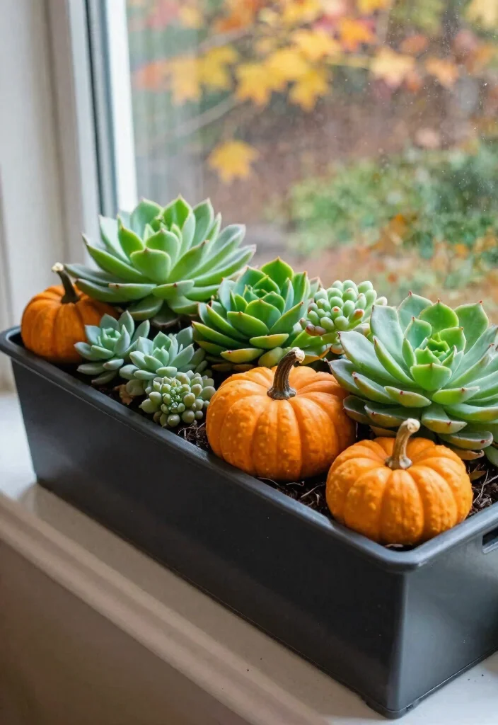 11 Cute Pumpkin Window Box Ideas for October Decor 2. Succulent Pumpkin Combo 0