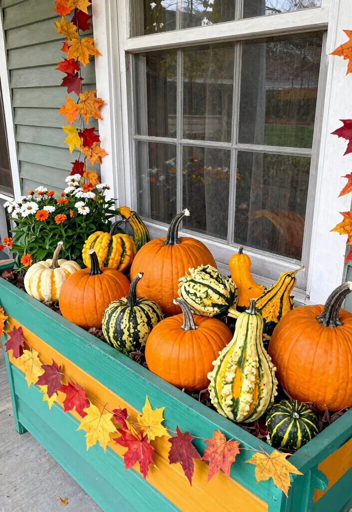 11 Cute Pumpkin Window Box Ideas for October Decor 6. Gourd and Pumpkin Medley 0