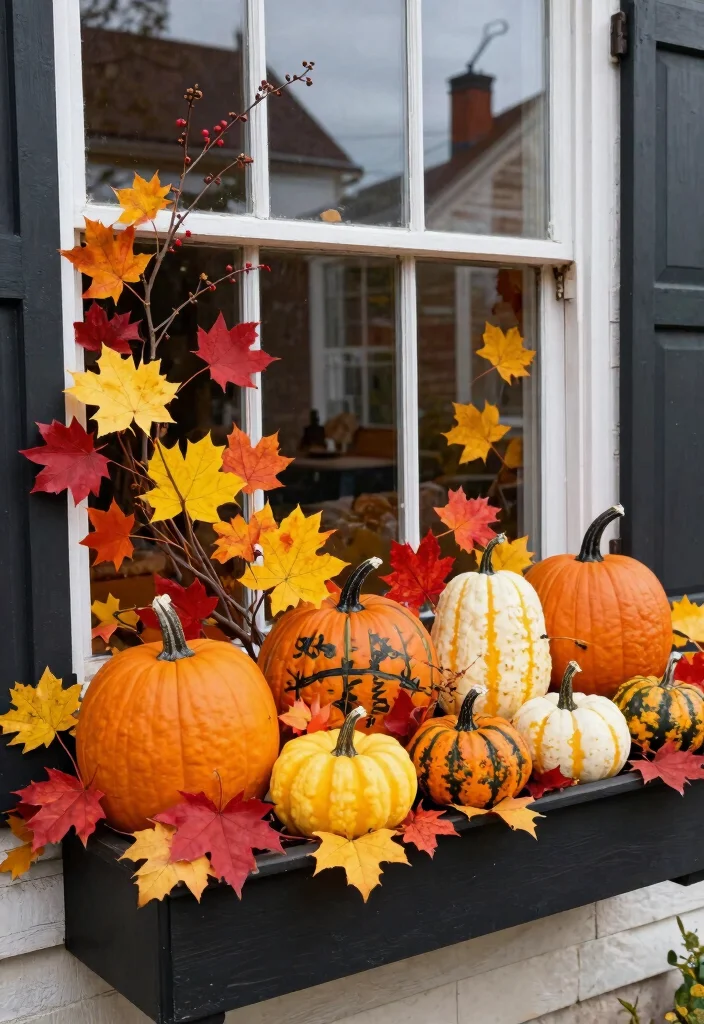 11 Cute Pumpkin Window Box Ideas for October Decor 9. Fall Foliage and Pumpkins 0