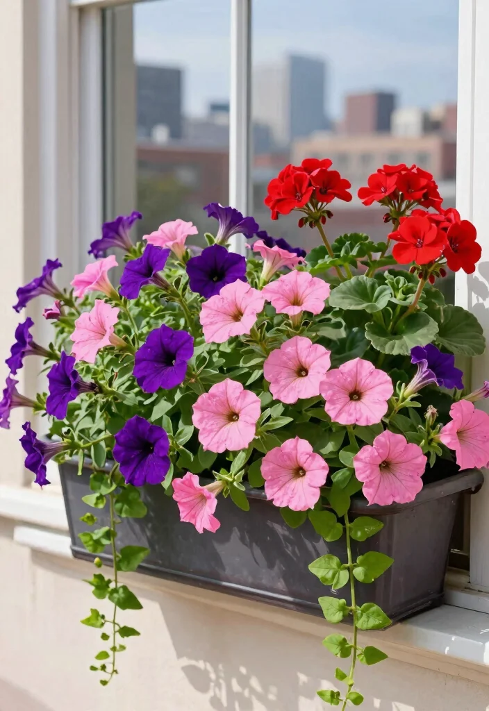 12 Best Full Sun Window Box Ideas for Bright Windows 1. Classic Flowers Petunias and Geraniums 0