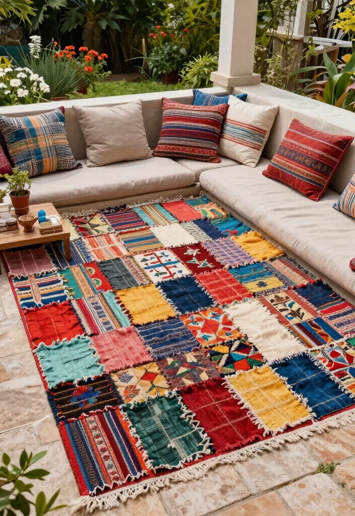 15 Creative Patio Decor Ideas on a Budget for Any Home 11. Outdoor Rug from Old Fabrics 0