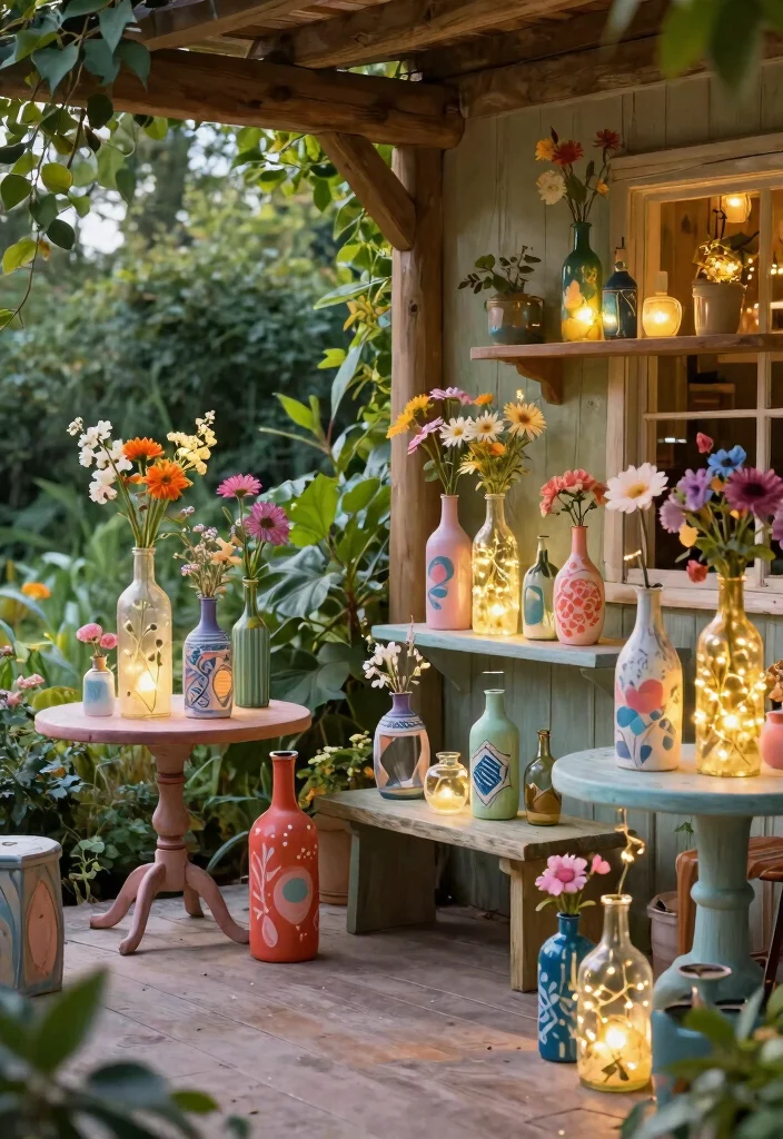 15 Creative Patio Decor Ideas on a Budget for Any Home 15. Decorative Bottles as Garden Accents 0