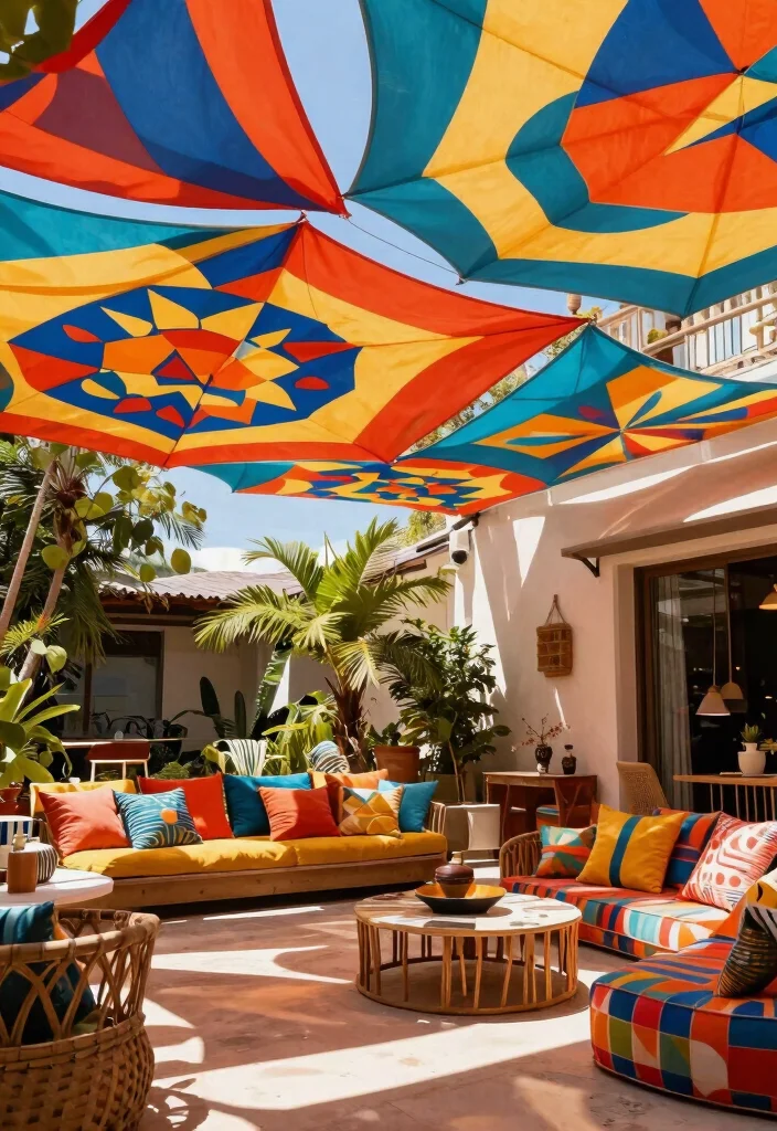 15 Elegant Awning Ideas for Eco Friendly Patio Transformations 15. Geometric Fabric Awnings 0