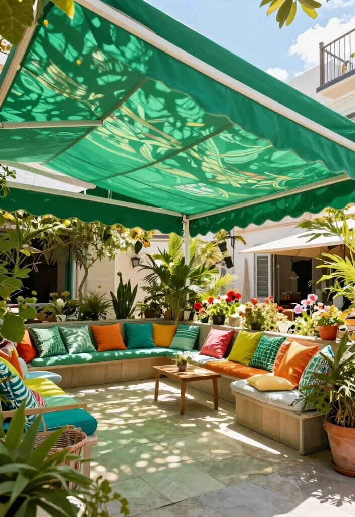 15 Elegant Awning Ideas for Eco Friendly Patio Transformations 5. Canvas Awnings with Green Accents 0
