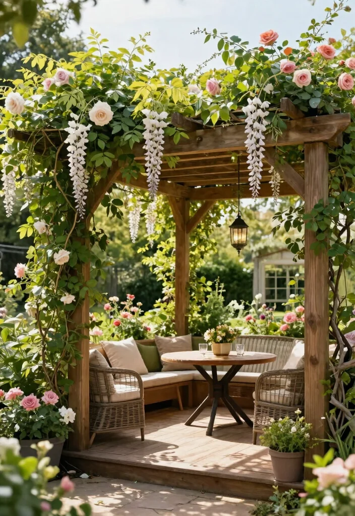 15 Elegant Awning Ideas for Eco Friendly Patio Transformations 6. Pergola with Climbing Plants 0