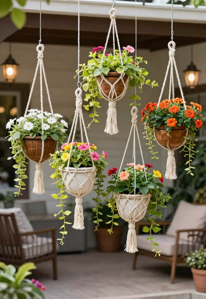 15 Stunning Patio Decor Ideas with Flowers and Foliage 3. Whimsical Hanging Planters 0