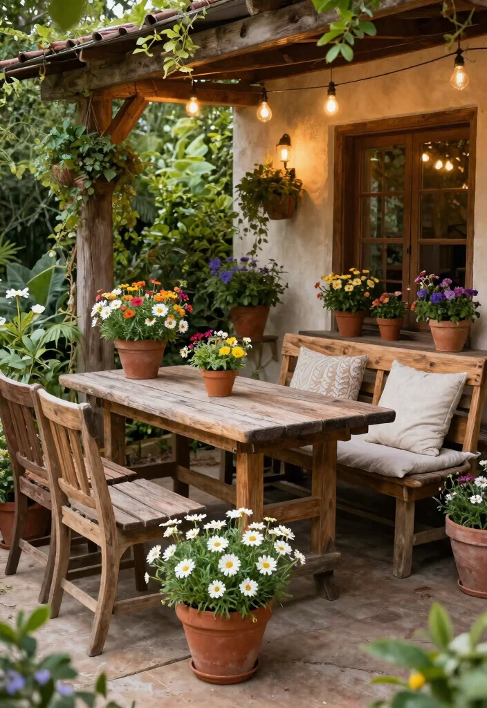 15 Stunning Patio Decor Ideas with Flowers and Foliage 6. Rustic Wooden Accents 0