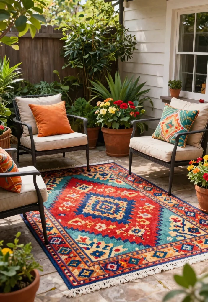 15 Stunning Patio Decor Ideas with Flowers and Foliage 8. Stylish Outdoor Rugs 0