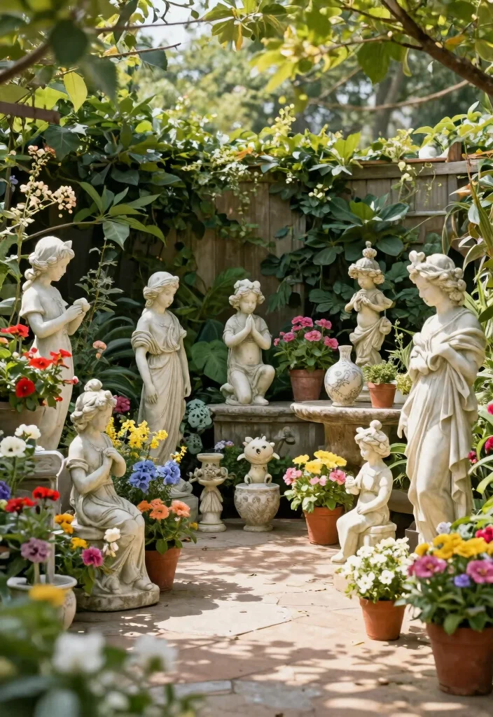 15 Stunning Patio Decor Ideas with Flowers and Foliage 9. Garden Statues and Ornaments 0