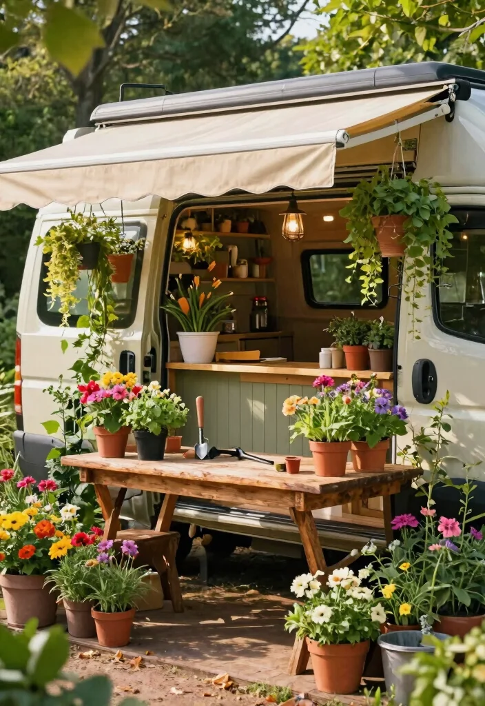 7 Best Van Awning Ideas for Outdoor Adventures 3. Garden Style Awnings with Plant Hangers 0
