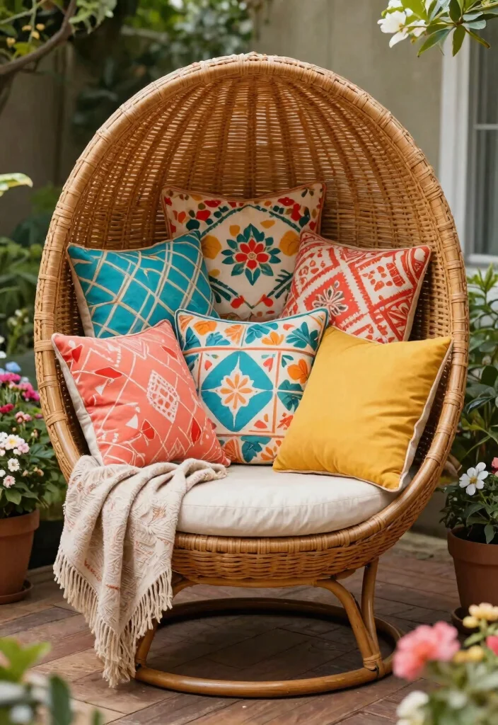 7 Chic Egg Chair Patio Decor Ideas for a Zen Nook 1. Colorful Cushions and Throws 0