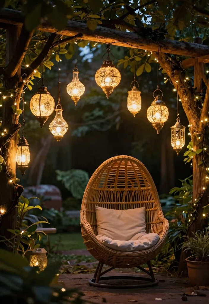 7 Chic Egg Chair Patio Decor Ideas for a Zen Nook 2. Hanging Lanterns for a Magical Touch 0