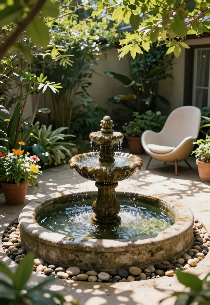 7 Chic Egg Chair Patio Decor Ideas for a Zen Nook 3. Incorporate a Small Fountain 0