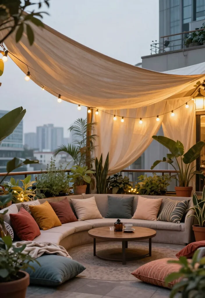 7 Chic Terrace Awning Ideas for Modern Urban Living 6. Fabric Canopies Cozy Escape for Urban Retreats 0