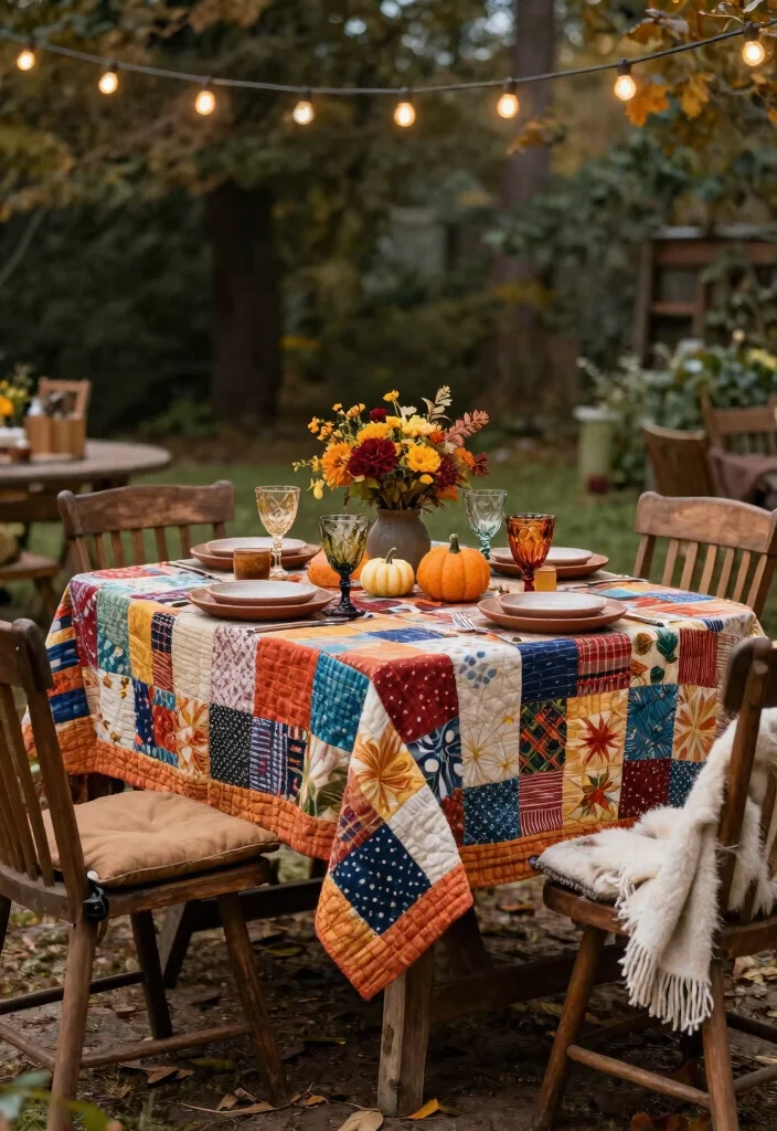 7 Cozy Patio Decor Ideas with Quilts for Fall 1. Patchwork Quilt Tablecloth 0