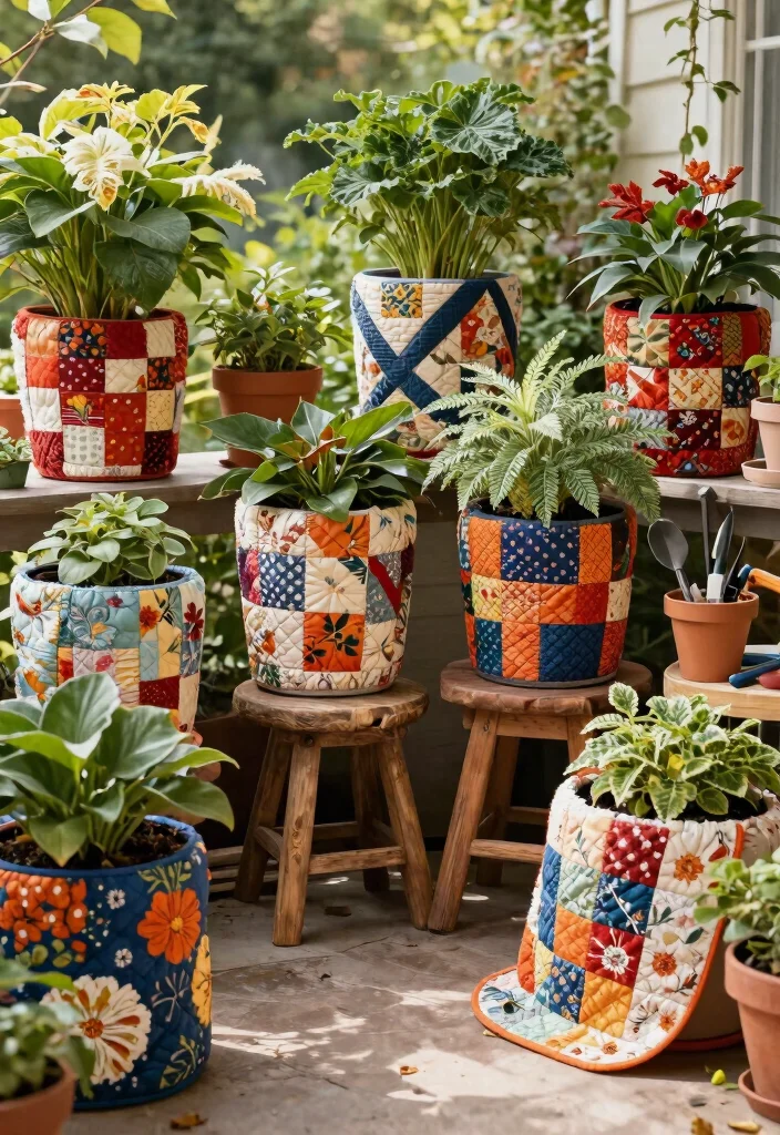 7 Cozy Patio Decor Ideas with Quilts for Fall 5. Quilt Inspired Planter Covers 0