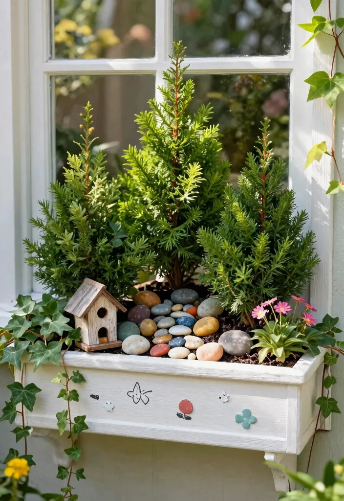 7 Lush Evergreen Window Box Ideas for Year Round Appeal 7. Whimsical Touches with Garden Art 0