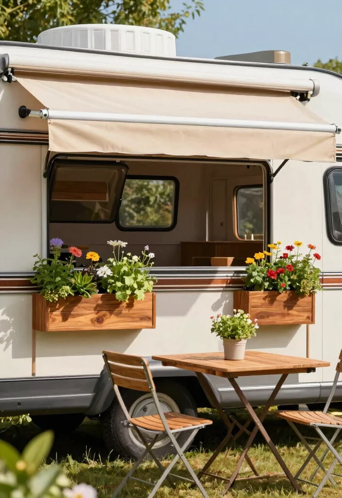 7 Versatile Camper Awning Ideas for Outdoor Enthusiasts 2. Retractable Shade with Planter Boxes 0