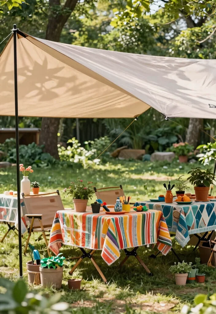 7 Versatile Camper Awning Ideas for Outdoor Enthusiasts 5. Portable Shade Garden with Folding Tables 0