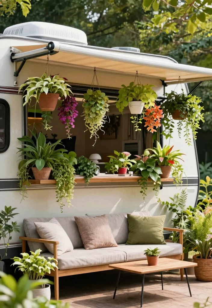 7 Versatile Camper Awning Ideas for Outdoor Enthusiasts 6. Multi functional Awning with Hanging Gardens 0