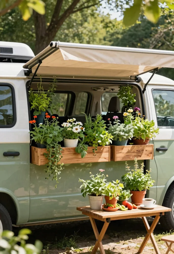 7 Versatile Campervan Awning Ideas for Van Life Freedom 2. Garden Awning with Vertical Planters 0