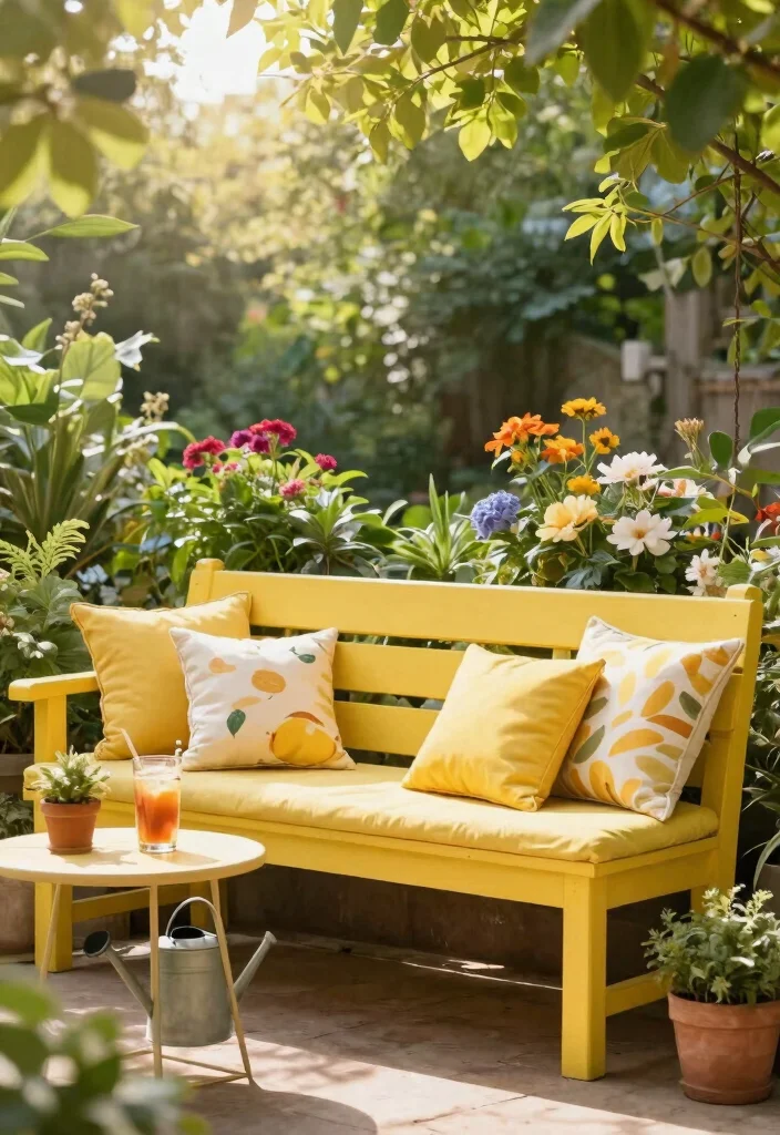 8 Bright Yellow Patio Decoration Ideas for a Sunny Yard 1. Sunny Bench with Yellow Cushions 0