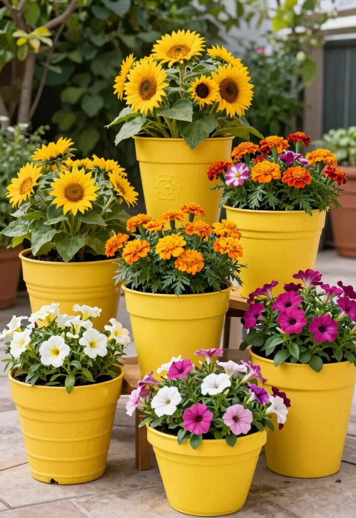 8 Bright Yellow Patio Decoration Ideas for a Sunny Yard 3. Bright Yellow Planters Overflowing with Flowers 0