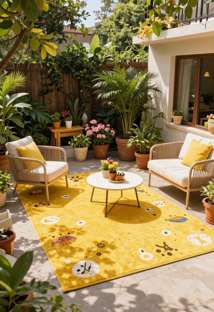 8 Bright Yellow Patio Decoration Ideas for a Sunny Yard 4. Playful Yellow Outdoor Rugs 0