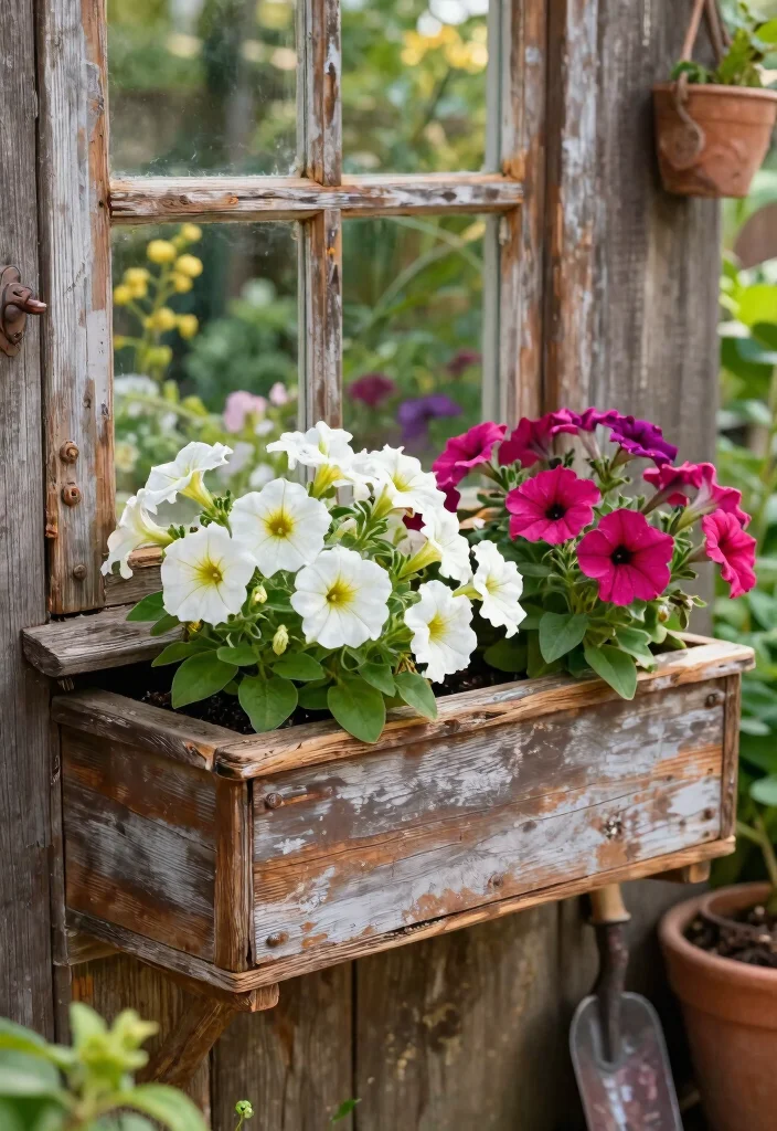 8 Colorful Petunia Window Box Ideas for Cascading Blooms 4. Rustic Charm with Reclaimed Wood 0