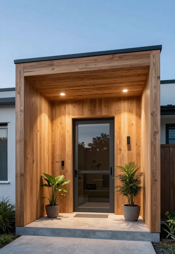 8 Functional Door Awning Ideas for Any Architectural Style 1. Modern Minimalist Wooden Canopy 0