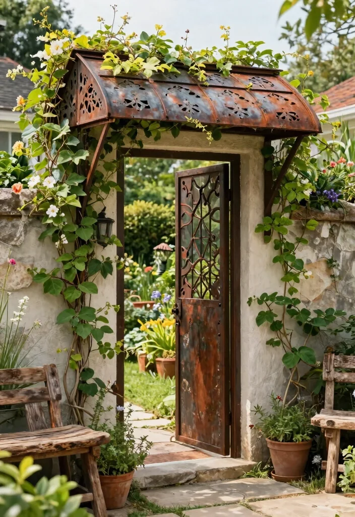 8 Functional Door Awning Ideas for Any Architectural Style 2. Rustic Metal Awning with Greenery 0
