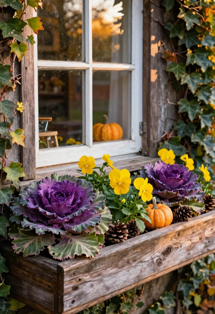 8 Warm Thanksgiving Window Box Ideas for Guests 1. Rustic Charm with Ornamental Cabbage 0