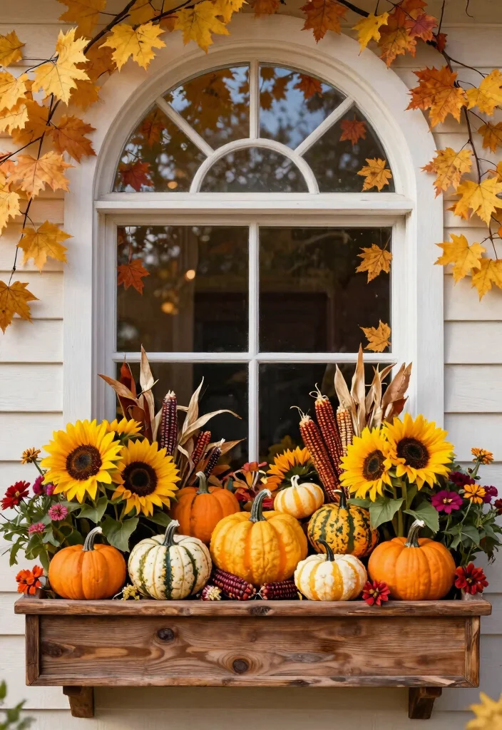 8 Warm Thanksgiving Window Box Ideas for Guests 2. Cozy Harvest Display 0