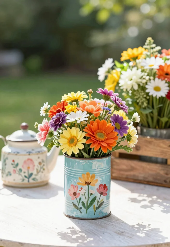 9 Elegant Patio Table Decor Ideas and Centerpiece Designs 4. Floral Bouquets in Upcycled Containers 0