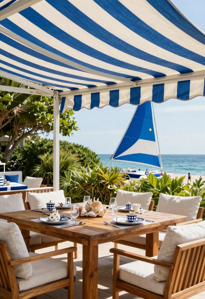 9 Nostalgic Vintage Awning Ideas with Retro Charm 1. Striped Sail Awnings for a Coastal Vibe 0