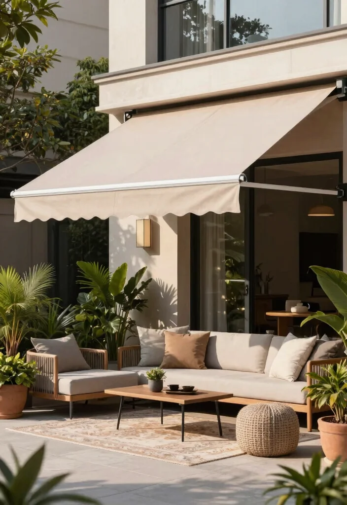 9 Nostalgic Vintage Awning Ideas with Retro Charm 6. Retractable Awnings for Versatile Spaces 0