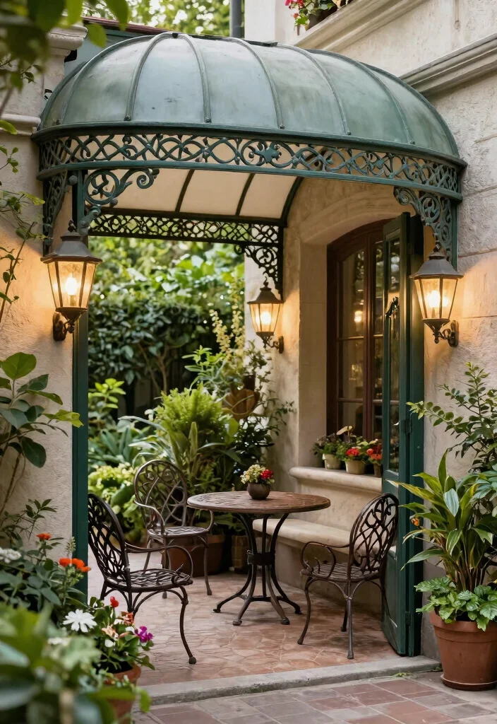 9 Nostalgic Vintage Awning Ideas with Retro Charm 7. Vintage Metal Awnings for Classic Elegance 0