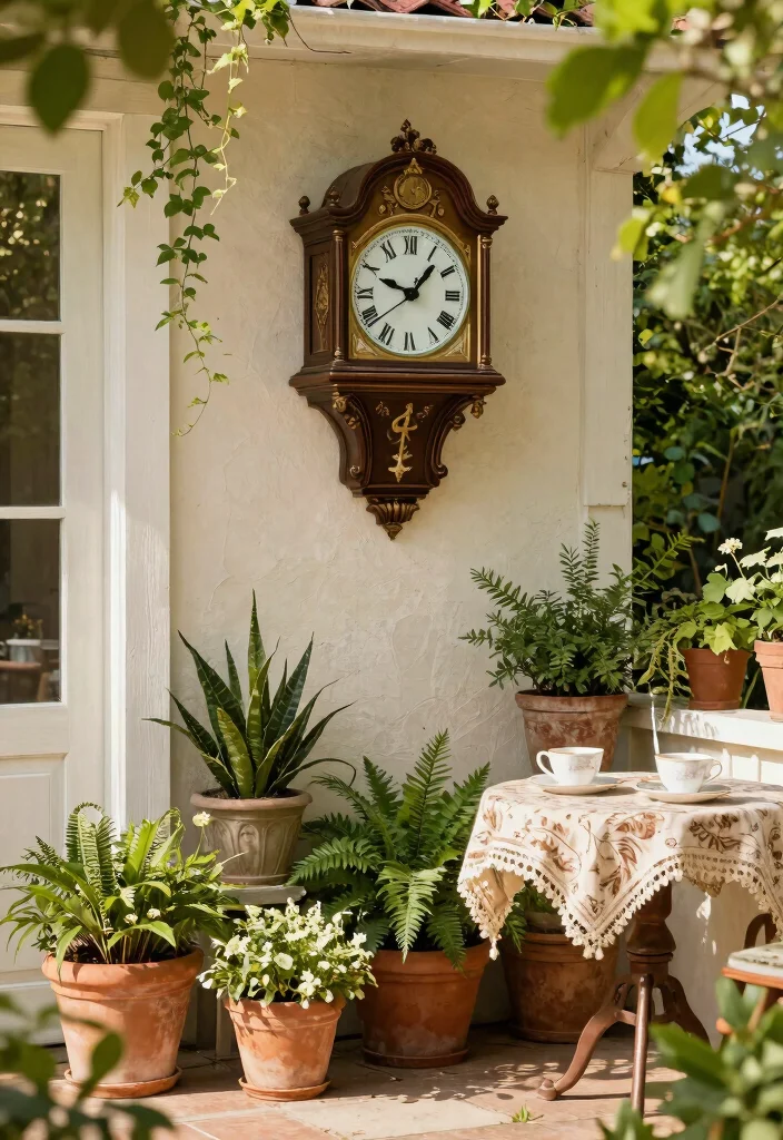 9 Unique Patio Decor Ideas with Antiques and Finds 8. Whimsical Antique Clocks 0